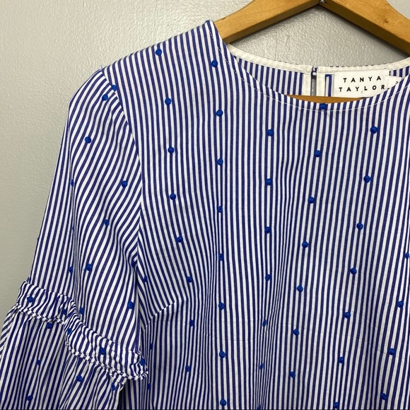 TANYA TAYLOR Blue Striped Swiss Dot Blouse - Picture 2 of 4